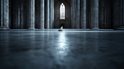 A solitary bird sits gracefully on a stone surface inside a grand cathedral, conveying themes of isolation, peace, and spirituality amid a magnificent architectural setting.