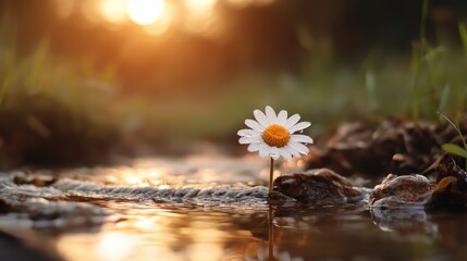 A close-up of a delicate daisy flower standing in a tranquil stream, adorned with morning dew drops that glisten beautifully under the warm, golden light of sunrise.