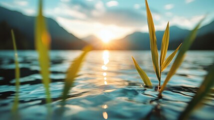 A serene view of calm waters reflecting sunset hues, with vibrant green shoots emerging from the water, creating a peaceful and tranquil atmosphere for nature lovers.