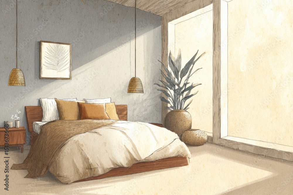Aufkleber modern bedroom design featuring natural textures and soft lighting in a tranquil environment with a 