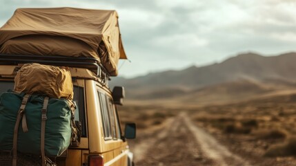 An off-road vehicle, loaded with camping gear, is parked against a picturesque mountainous landscape, inviting adventure enthusiasts to embark on an outdoor exploration journey.