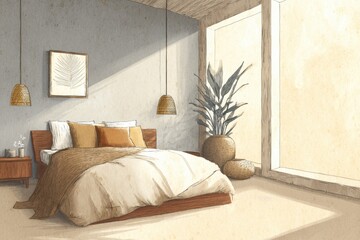 Fototapeta premium Modern Bedroom Design Featuring Natural Textures and Soft Lighting in a Tranquil Environment With a Focus on Comfort and Serenity