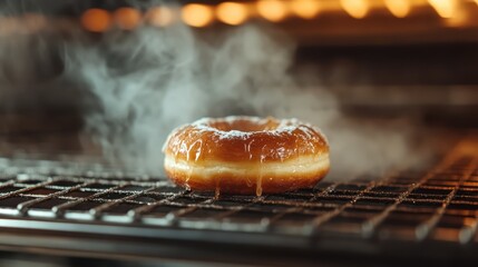 A freshly baked donut sits on a cooling rack, glistening with glaze as steam rises, representing the warmth and comfort of homemade bakery treats that evoke happiness.
