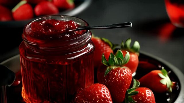 Strawberry jam in a jar with fresh strawberries on dark plate, shiny spoon and red preserve filling closeup