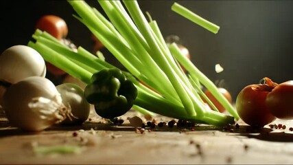 Fresh vegetables flying through the air in a dynamic culinary display during a kitchen preparation session