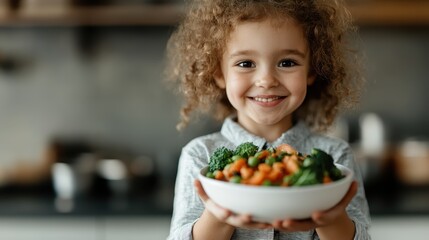 A cheerful child proudly holds a bowl of colorful and healthy fresh vegetables, promoting healthy eating and positivity in family meal preparation.