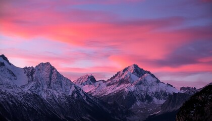 a mountain range with a pink sky in the background