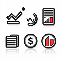 Vector icon set for business analytics and financial reporting, featuring growth charts, data graphs, currency symbols, and documents on a white background