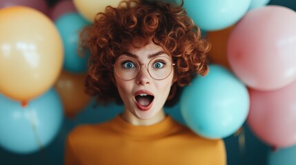 A vibrant portrait of a surprised woman amidst colorful balloons, capturing the joy, excitement, and festive vibes that celebrate special moments in life.