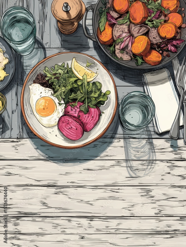 Poster plant-based meal displayed on a rustic table featuring vibrant ingredients and an inviting atmospher