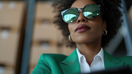A fashionable woman dons striking sunglasses in an industrial setting, showcasing the fusion of modern style with the raw aesthetic of urban environments.