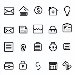 Collection of modern thin line icons for business, finance, and web interface design, featuring symbols for money, security, and documents