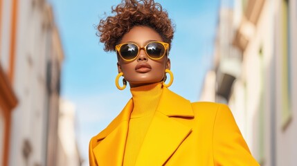 A stunning model showcases a vibrant yellow coat and chic sunglasses, posing confidently against a stylish urban backdrop, highlighting contemporary fashion trends and bold colors.