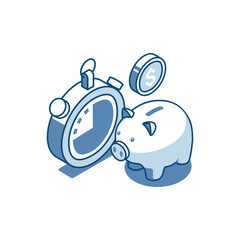 isometric vector linear icon of piggy bank and stopwatch, in color on white background, deposit or bank savings