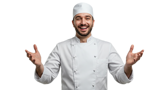 Happy chef with a beard smiling and gesturing with open arms against a black background