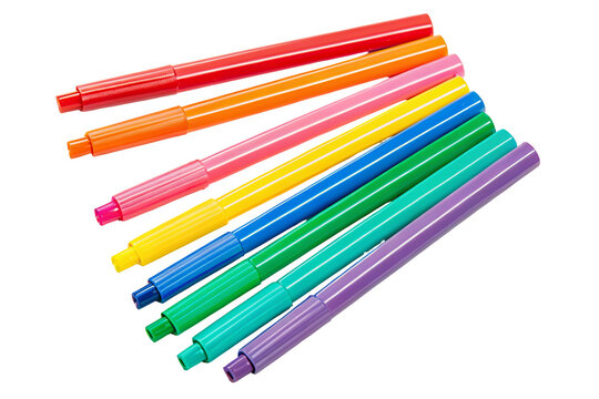 A group of colorful felt tip markers arranged diagonally on a black background in a studio shot view