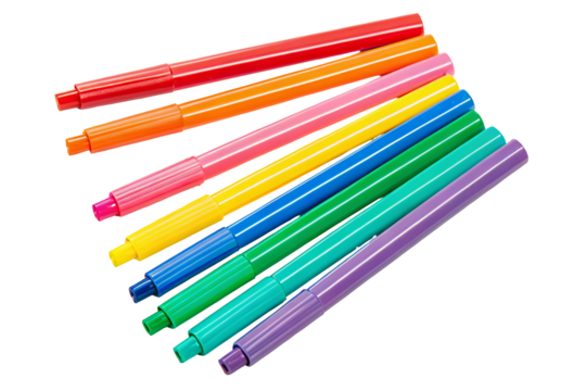 A group of colorful felt tip markers arranged diagonally on a black background in a studio shot view
