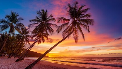 pialm trees on a beach at sunset with vibrant colors