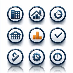 Collection of nine circular icons representing business concepts and analytics, including buildings, charts, checkmarks, and gears, on a white background