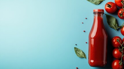 An aesthetically pleasing bottle of tomato sauce surrounded by ripe tomatoes and basil, beautifully styled on a solid turquoise background, highlighting food freshness and culinary art.