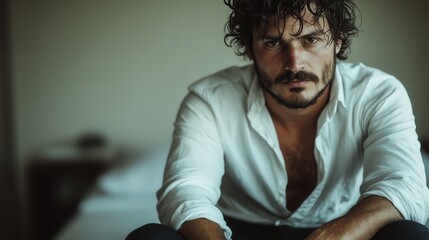 An expressive portrait of a young man with a contemplative gaze, highlighting the depth of his thoughts and emotions in a soft, intimate setting indoors.