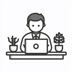 Office worker icon, man working on laptop at desk, vector illustration for business and work