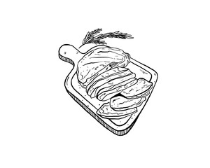 minimalist Hand drawn roast beef with rosemary on cutting board outline simple.