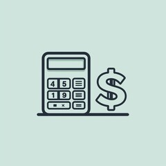 Simple line icon of a calculator and a dollar symbol representing financial planning, economic analysis, and business accounting