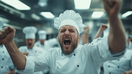 A fierce chef in a traditional outfit passionately shouts in a bustling kitchen full of fellow chefs, capturing the intensity and energy of the culinary arts and teamwork.