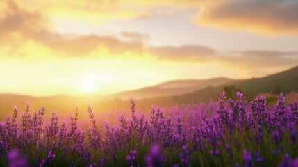 Fototapeta premium Beautiful landscape of a lavender field at sunset. the sky is filled with vibrant colors of orange, yellow, and pink, with the sun setting in the background.
