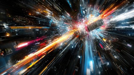 Obraz premium Vibrant streaks of light explode outward from a central object, creating a dynamic, futuristic scene