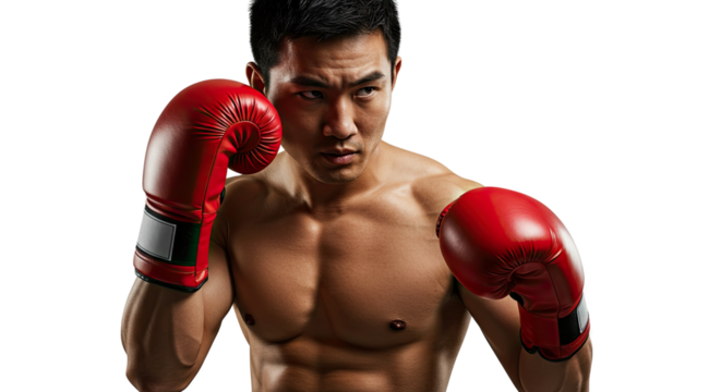 Muscular Asian Boxer Posing with Red Boxing Gloves Against a Black Background