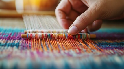 Close-up of a person's hand working on a weaving loom. the person is using a wooden loom to weave a colorful pattern on a woven fabric.