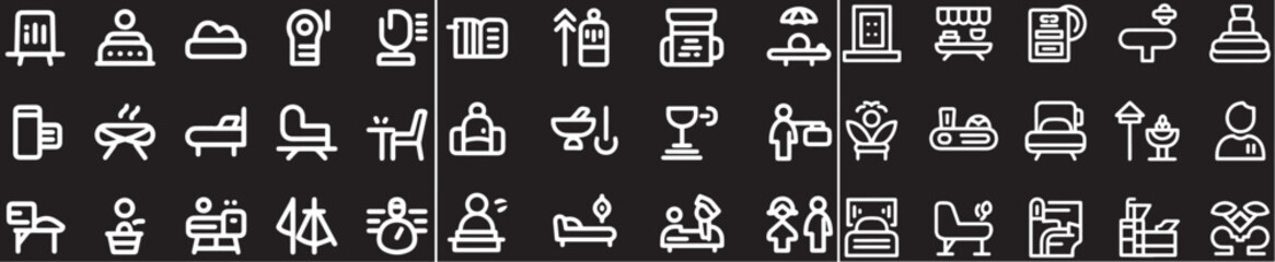 A grid of minimalist icons, possibly for use in graphics or UI design. Icons include furniture, home goods, and people.