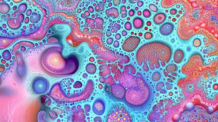 Abstract swirling pastel artwork featuring vibrant, organic, bubble-like shapes in pink, purple, and teal hues