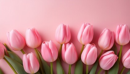 Fototapeta premium spring pink tulips on light pink background