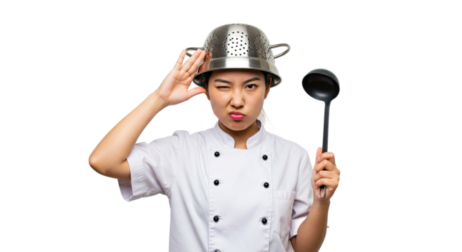 Playful chef wearing colander on head and holding ladle with quirky expression