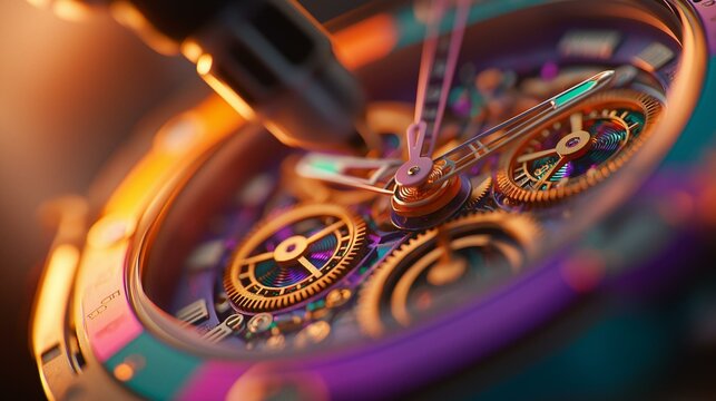 Close-up of a wristwatch with a colorful and intricate design. the watch face is made up of multiple gears and cogs, with different colors and patterns.