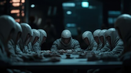 A foreboding scene depicting a group of hooded figures seated around a table, evoking feelings of mystery, secrecy, and contemplative tension in a darkened atmosphere.