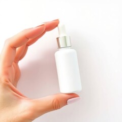 Mockup Hand Holding White Serum Bottle in a Clean, Minimalist Aesthetic