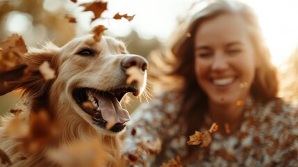 A joyful scene of a woman laughing while playing with her golden retriever among colorful autumn leaves, capturing the essence of friendship and fun in nature.