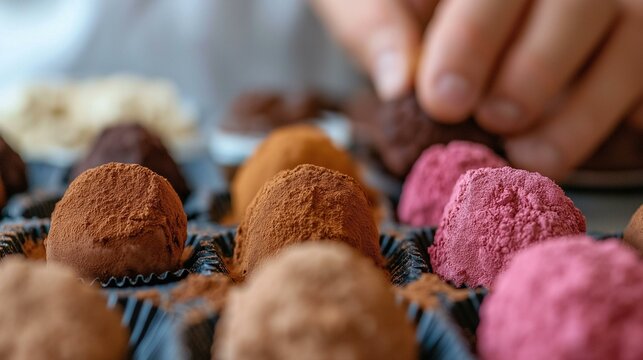 Close-up of a tray of chocolate truffles. there are several truffels in the tray, each with a different color - brown, orange, pink, and red.