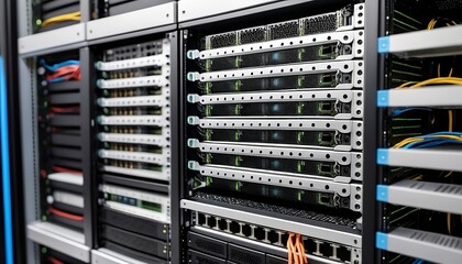 Contemporary Internet content hosting platform with rack housing for server data storage hardware. The data center's equipment is interconnected by a multitude of network, created with generative ai