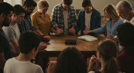 Group of diverse people holding hands and praying around a table while reading a book together
