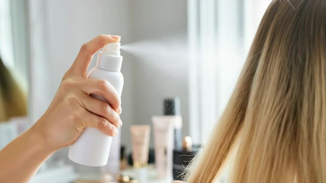Woman spraying hair with mist in beauty routine