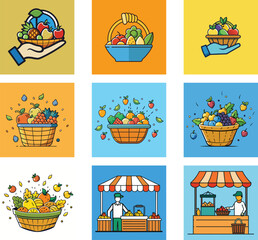 Colorful Fruits In Basket Illustrations Collection Healthy Food Concept Vector Design