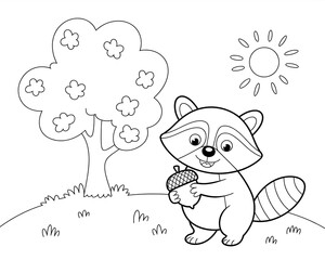 Fototapeta premium Adorable raccoon holding acorn next to a tree under the sun ready for childrens coloring page activity