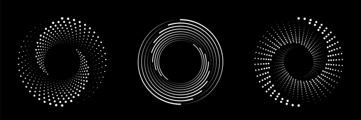 Set of speed lines in circle form. Halftone dotted speed lines. Abstract geometric circles with rotating radial lines who consisting of two sections. Vector