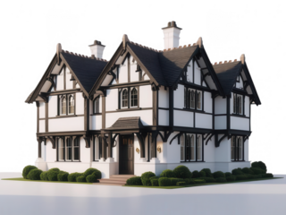 Elegant Tudor Home: A stunning Tudor-style house with a classic black and white timber-frame facade, isolated on transparent background, cut out, png