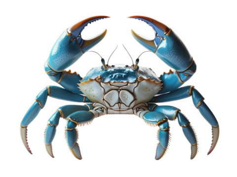 A vibrant blue crab, showcasing its impressive claws, and intricate shell isolated on transparent background, cut out, png